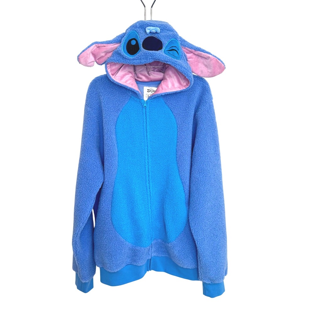 Disney Stitch Sherpa Hoodie Unisex Large Blue Polyester Fleece Cosplay Jacket